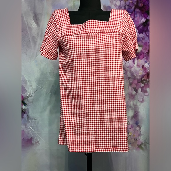 XS Lands End square Neck Gingham red/white tunic shortsleeved top pre loved - Picture 1 of 3